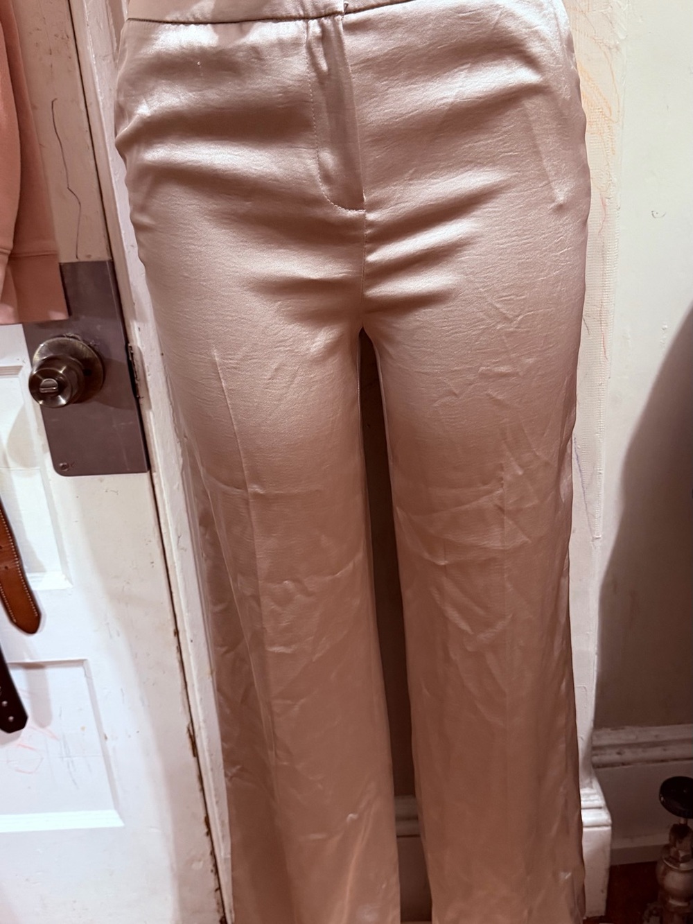 Donna Karan Wide-Leg Satin Pants in Light Beige